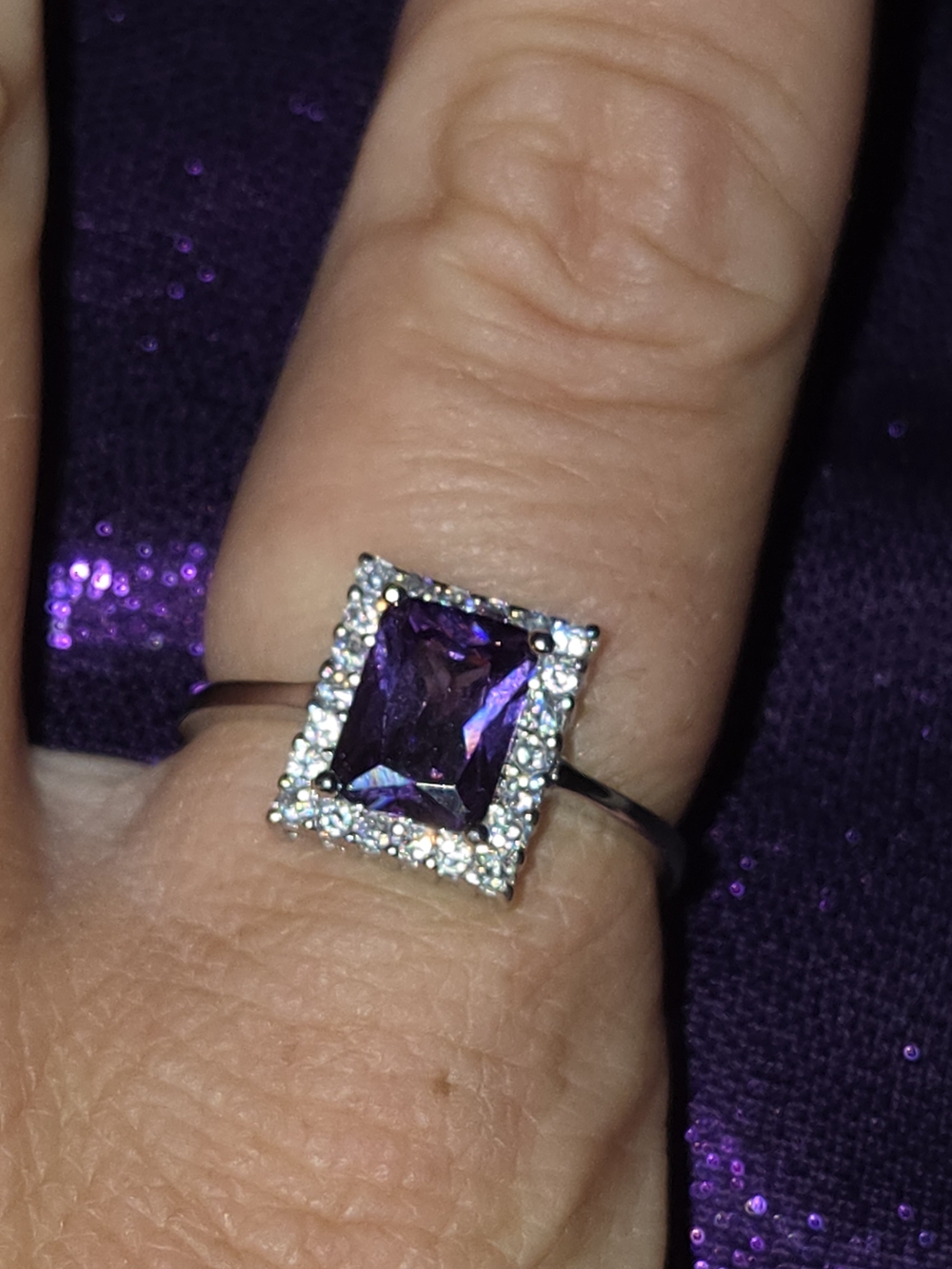Amethyst Cushion Halo Ring in Purple with 925 Sterling Silver Band